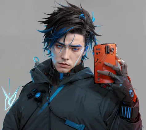Handsome young Asian European, piel blanca, cyberpunk, Ojos azul-gris, Image of a futuristic-looking man with a dark brown mohaw...