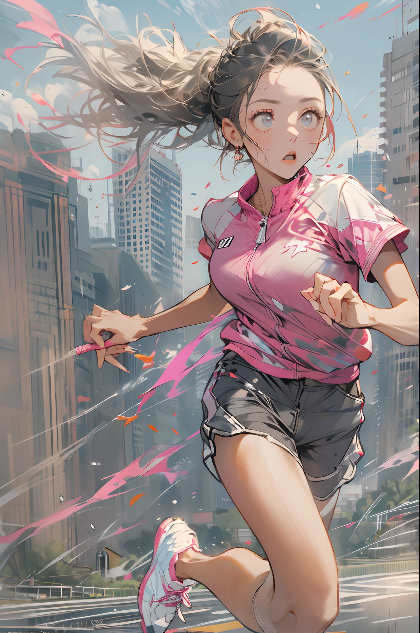 1 girl, solo, running, Gray Track Top, pink shorts, ponytail, athletic build, dynamic brushstrokes, fluid movement, capturing the essence of her athleticism and energy, using light colors and soft tones to create a dreamy and ethereal atmosphere, portraying the motion and grace of running, showing the wind blowing her ponytail and clothes, and the scenery of her surroundings.

outdoors, detailed background, Modern metropolis,