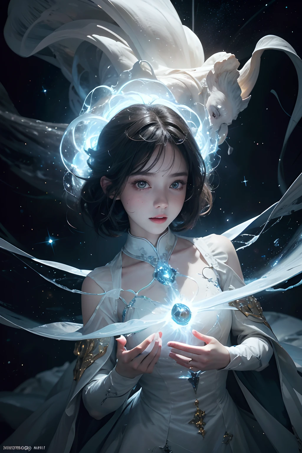 1 amorphous  shape composed of light, white, supernova, stars, creation, dancing, stardust, joy, abstract, chaos, stunning, cinematic lighting, unreal engine, trending on ArtStation, intricate details, masterpiece, best quality, by Irakli Nadar, Greg Rutkowski，(((best quality))),(((ultra detailed))),(((masterpiece)))