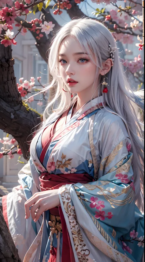 photorealistic, high resolution, soft lights, 1women, solo, hips up, blue eyes, white hair, long hair, red hanfu, hips up, jewel...