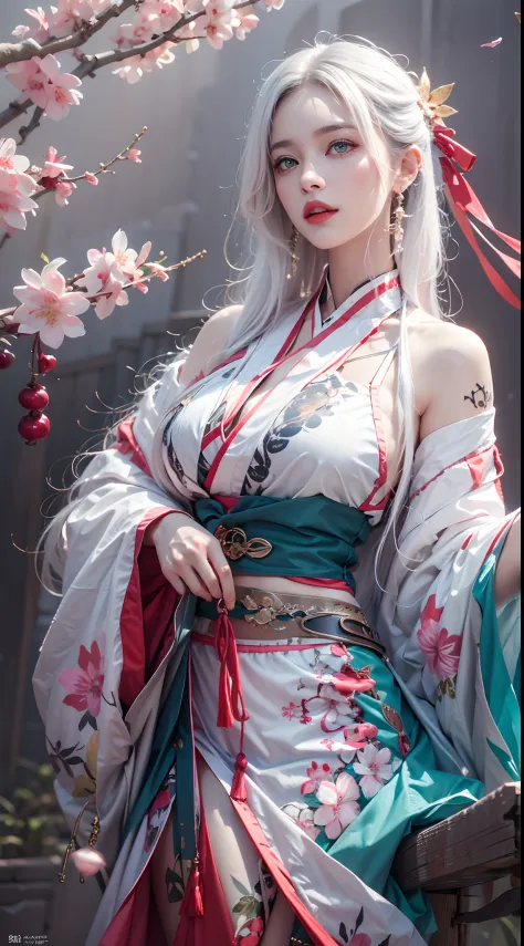 photorealistic, high resolution, soft lights, 1women, solo, hips up, blue eyes, white hair, long hair, red hanfu, hips up, jewel...