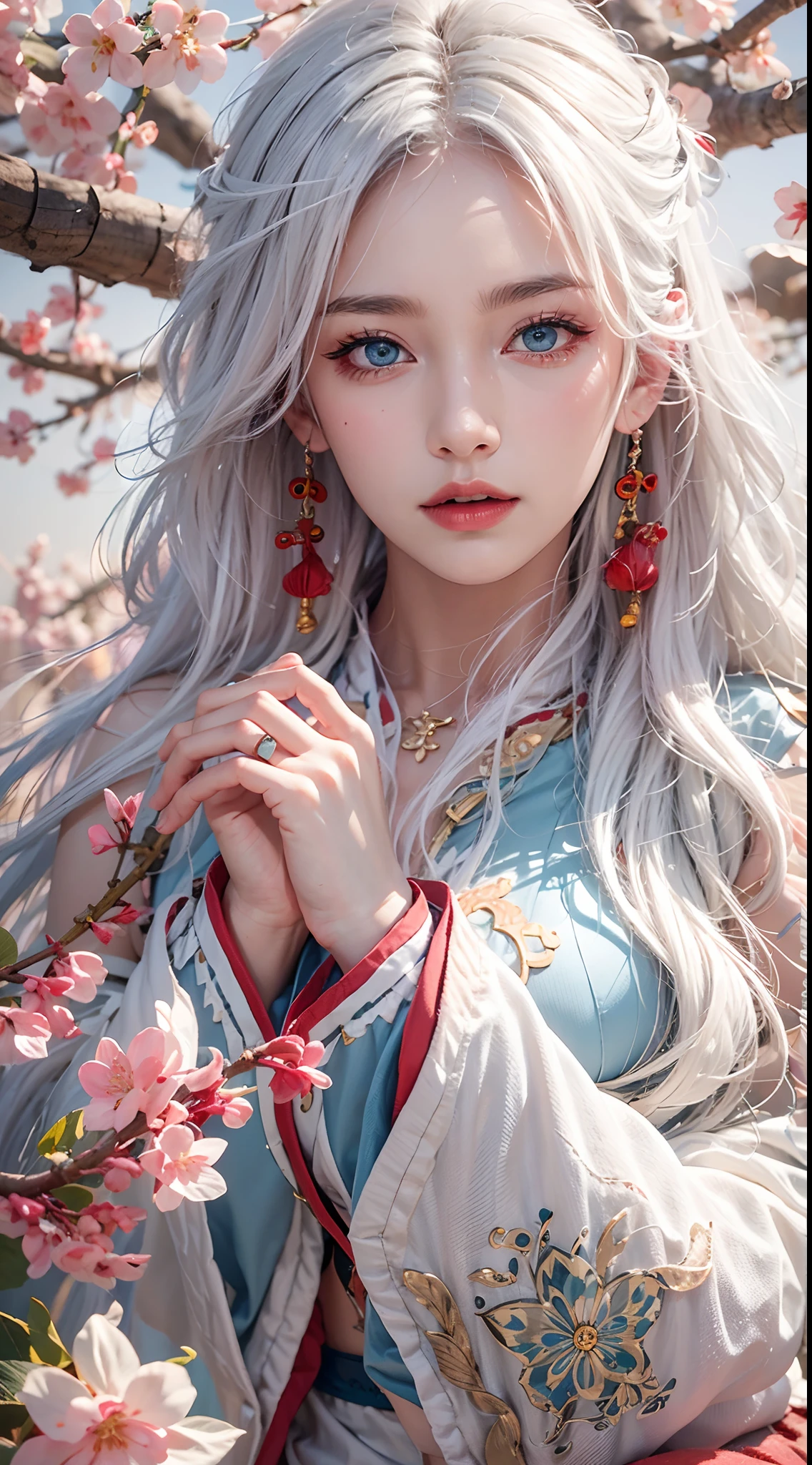 photorealistic, high resolution, soft lights, 1women, solo, hips up, blue eyes, white hair, long hair, red hanfu, hips up, jewelry, tattoo, cherry blossom