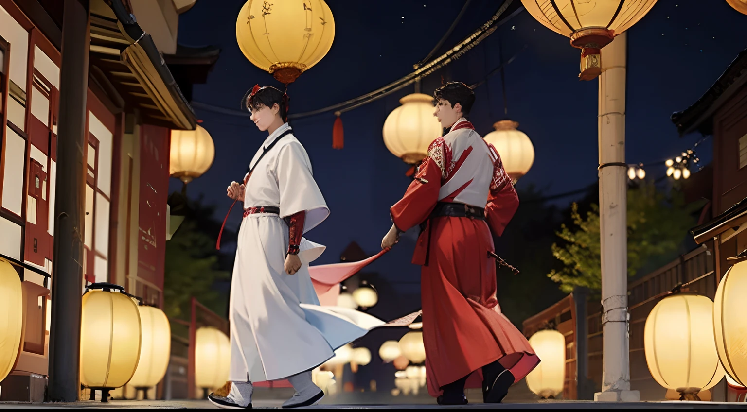 Mid-Autumn Festival，Two Hanfu men march through the street