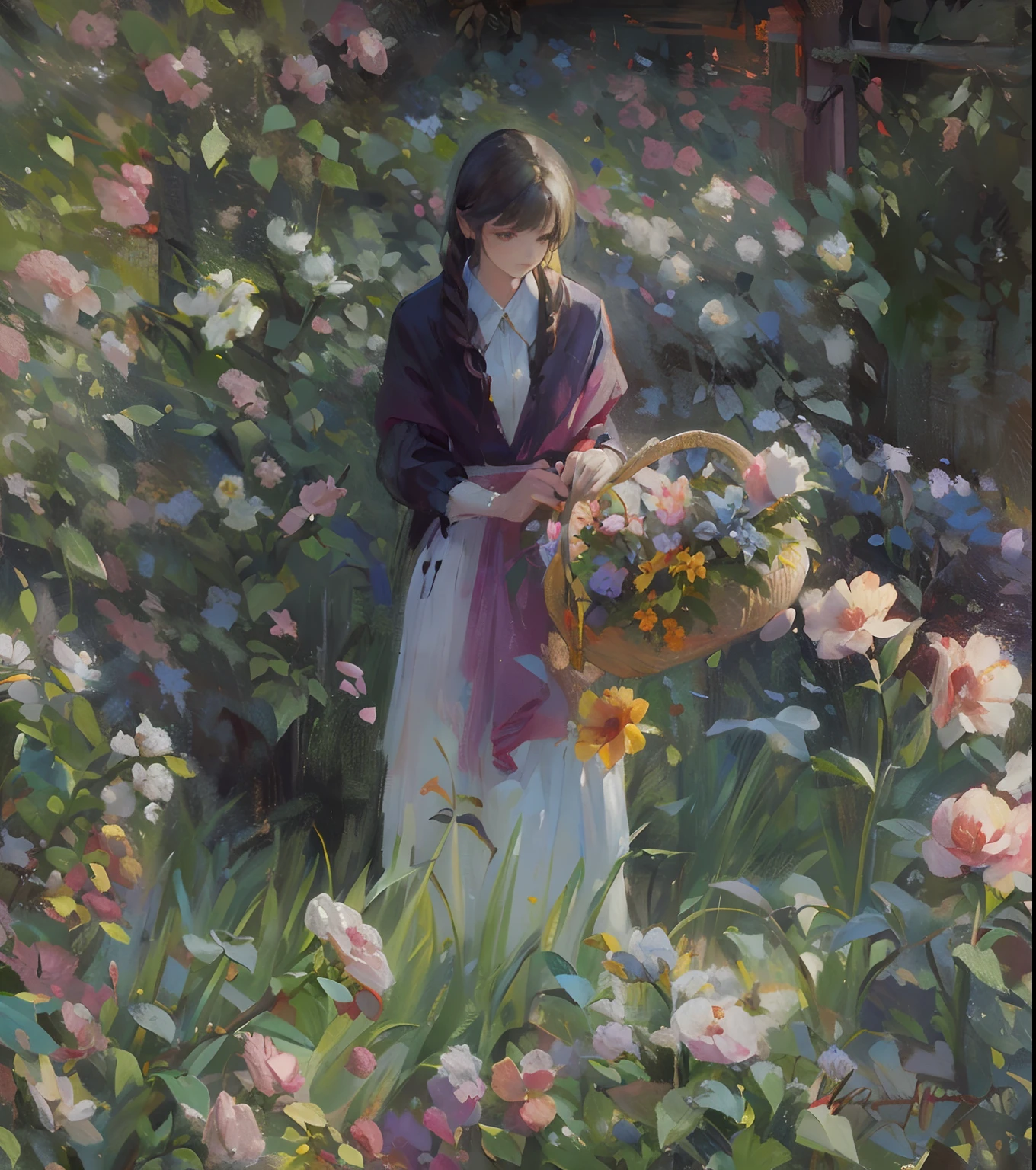 cuadro de una mujer en un jardín con flores y una canasta de flores, recogiendo flores, resolución 24k, artístico, impresionismo, hiperdetallado,