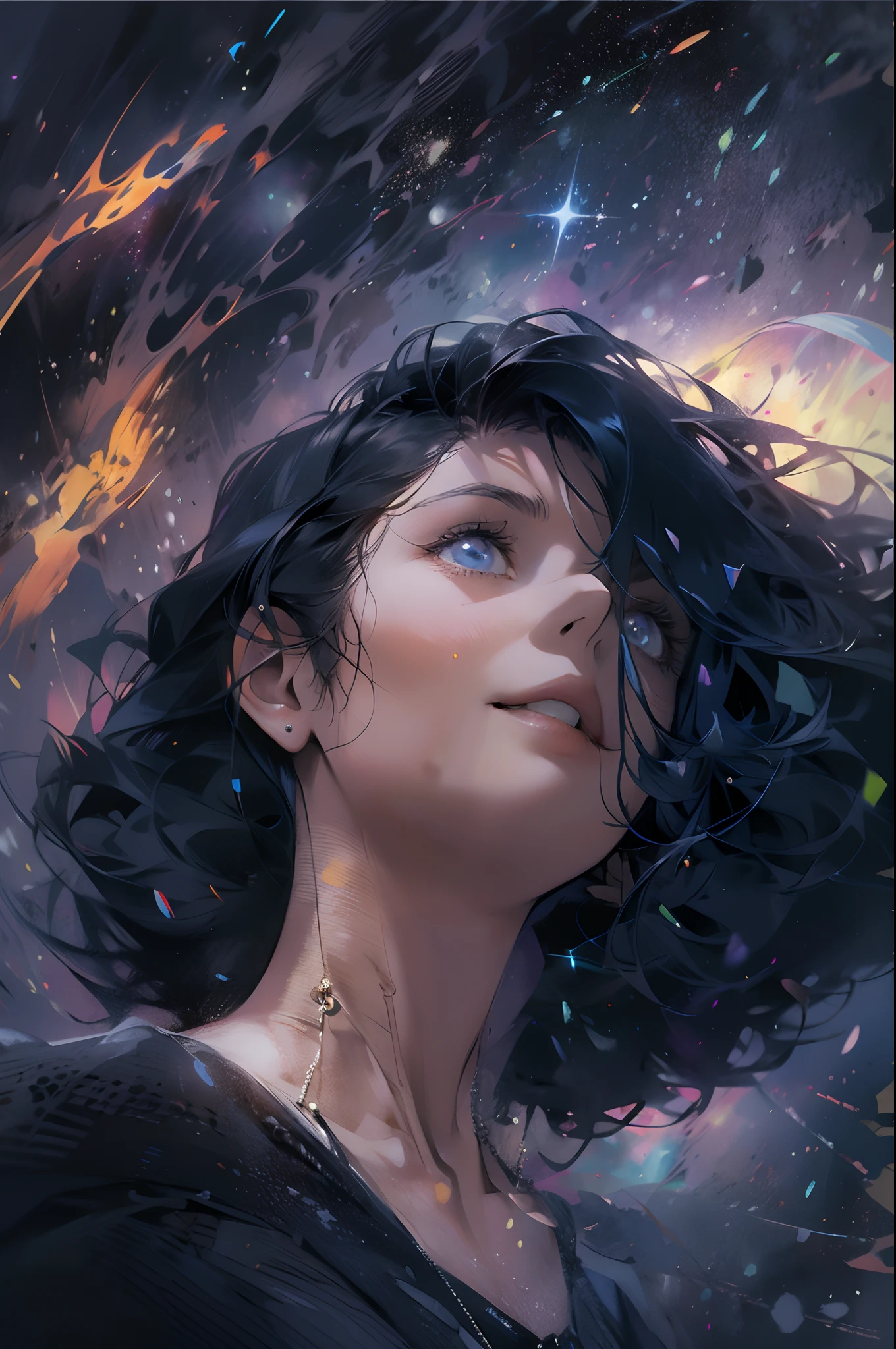 Retrato de uma jovem mulher com cabelo preto em gravidade zero, O fundo da Via Láctea e o buraco negro supermassivo como pano de fundo