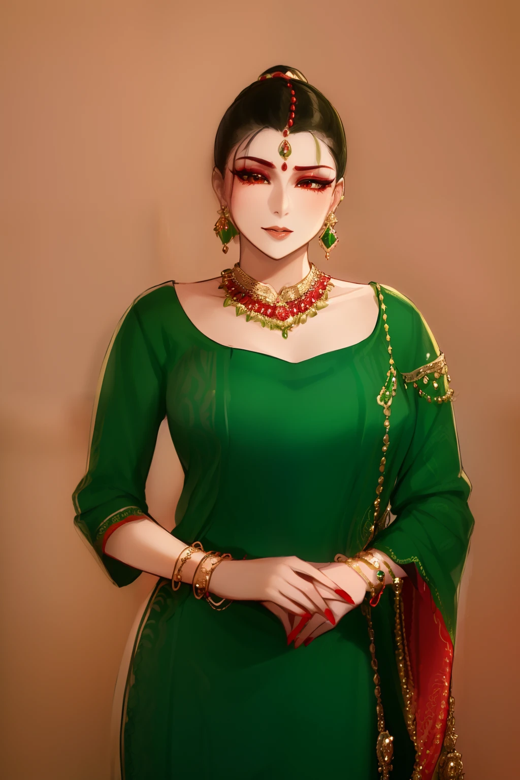 a woman in a green dress with a red and gold necklace, traditional beauty, with lovely look, very beautiful enga style, wearing an elegant tribal outfit, an elegant green, wearing elegant jewellery, with small studded earings, candid portrait photo, satin, wearing elaborate green and gold, vibrant hues, indian style, traditional, closeup portrait shot, with kerala motifs