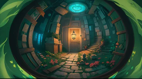 epic illustration fisheye lens of a Dungeon dim lit by a blue etheral lantern  in a scenic environment by Anton Fadeev