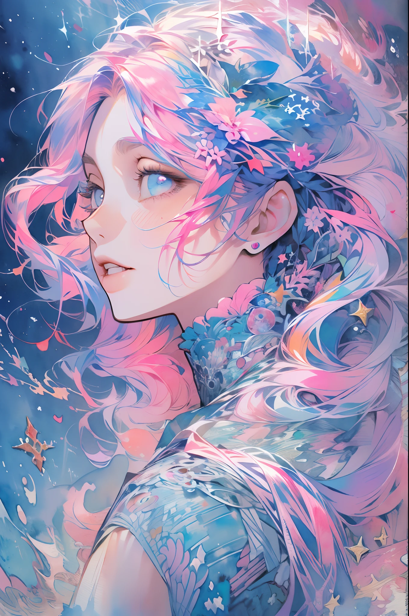 (masterpiece, top quality, best quality,watercolor (medium),official art, beautiful and aesthetic:1.2),(1girl:1.3), (fractal art:1.3),upper body, from side, looking at viewer,patterns,(rainbow color Hair,colorful hair,half blue and half pink hair:1.2),water,liquid, cloud,colorful, starry,stars,