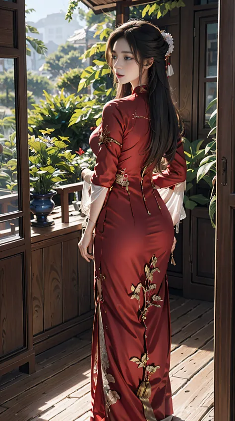 photorealistic, high resolution, soft lights, 1women, solo, hips up, (blue eyes, long hair), vietnamese traditional, red aodai, ...