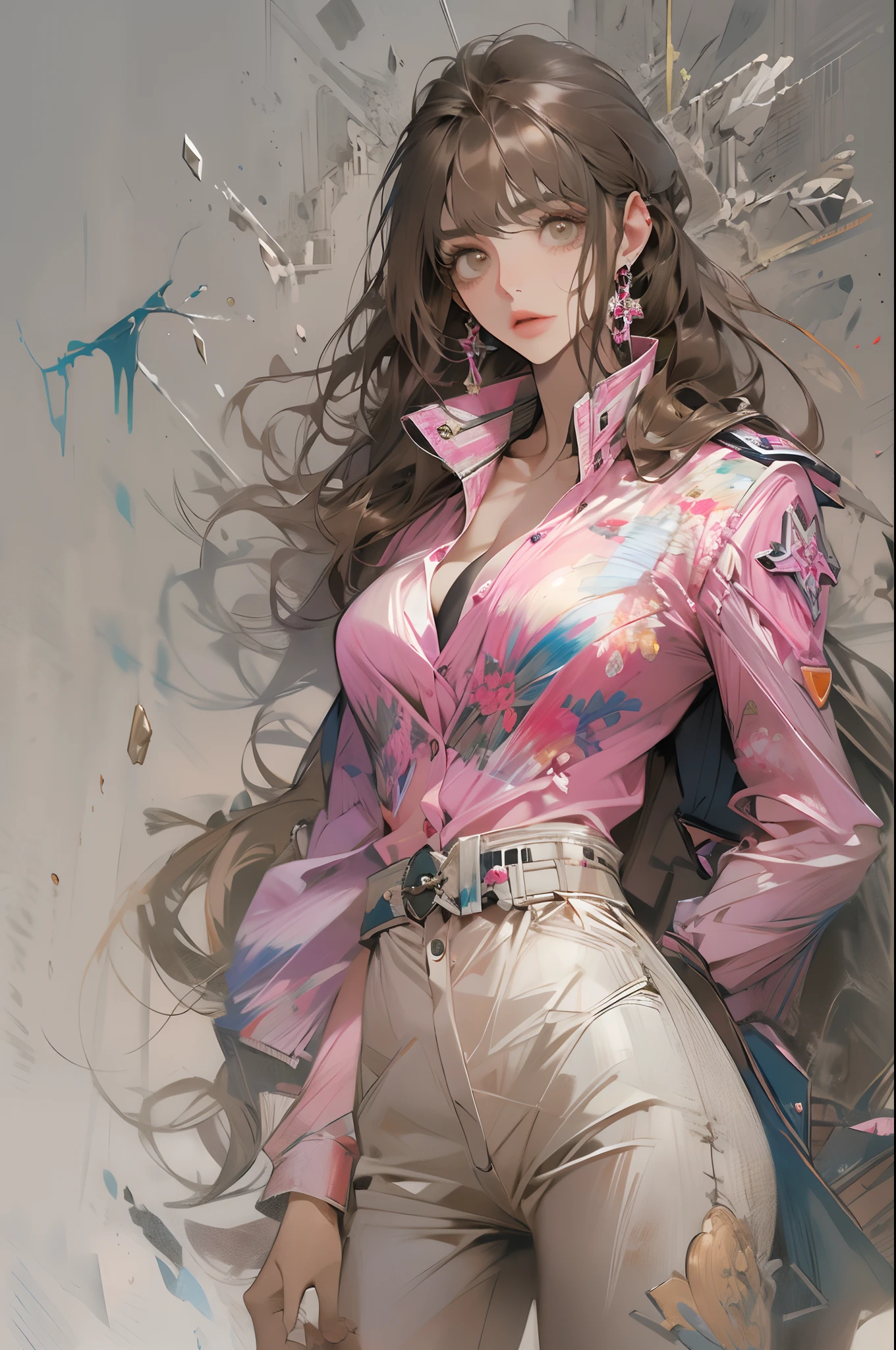 (Highest resolution, distinct_image) Best quality, A masterpiece of women, Highly detailed, Half realistic,(Most of the body),Pink Long Hair, bangs, 18 years old, Young,Black accessories,Pink-purple flight suit,stand-up collared shirt,sharpy face,(Brown eyes, hair between eye), Fluorescent long coating (Broken glass),(Plain white background),Cold, Serious,authoritative,Powerful,(Standing painting),(Exquisite facial features, Exquisite facial features)（（gigantic cleavage breasts））