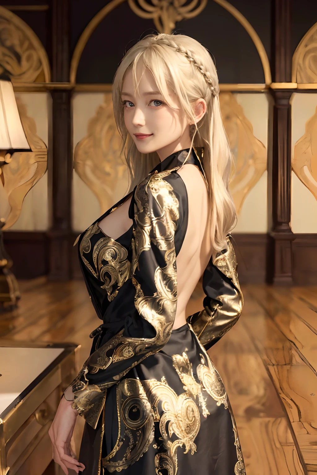 ((top-quality、8K、​masterpiece:1.3)), (Longhaire, Beautiful hairstyle, Platinum Blonde Hair:1.5)、(gold foil, Intricately drawn paisley pattern, Delicate workmanship, Black and orange fabric:1.4, maid dress:1.5), Clear, Fine-grained skin、Beautiful clear eyes、cleavage of the breast、Carefree and natural smile、(Hair disheveled in the wind:1.3)、Beautiful girl with a smile、(thin-waist:1.3)、(Dynamic and provocative poses:1.2)、(Backshots)