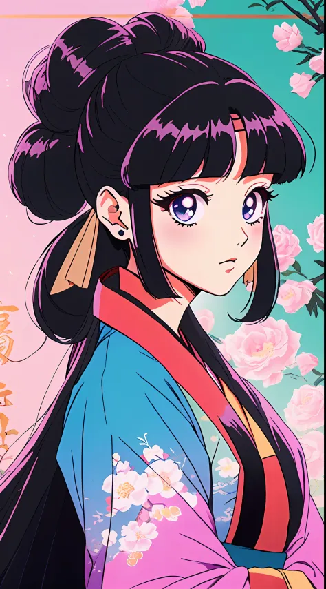 1 ancient Chinese princess，thick black hair，(Hanfu、Hairstyles、hair-bun)，pretty eyes，Blush，pastelcolor，Retro anime，1990s anime，tm...