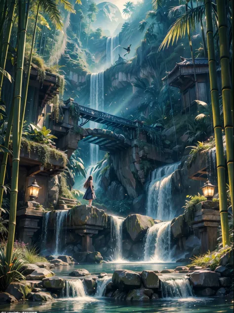 artificial waterfall, a girl standing there, bamboo forest, falling green leaves, realistic mystical, water fountain valley, hal...