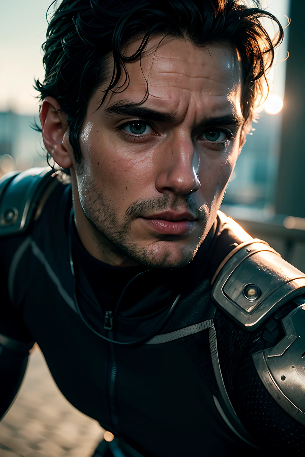 Henry Cavill as a cyberpunk captain, wearing futuristic cyborg armor, glowing lights, (dynamic pose), (hyper realistic:1.4), (realistic:1.3), (best quality real texture skin), full body, (Cinematic Light), highly detailed skin, skin pores, (highly detailed face:1.1), (highly detailed eyes:1.1), realistic pupils, (perfect anatomy:1.1), (perfect proportions:1.1), (photography:1.1), (photorealistic:1.1), volumetric lighting, dynamic lighting, real shadows, (highres:1.1), sharp focus, daylight, (realistic, hyperrealistic:1.4), intricate, high detail, dramatic, subsurface scattering, big depth of field, vivid, polished, sharpened, ((full Sharp)), (extremely absurdres),8k hdr,