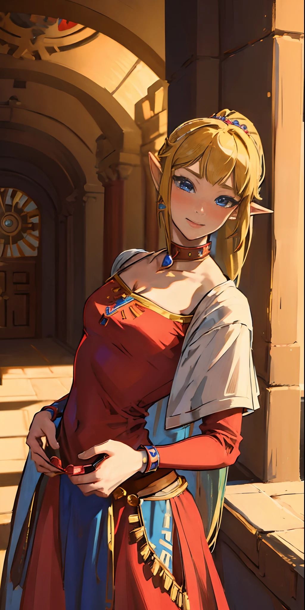 (adult:1.4)(masterpiece, best quality:1.2), 1girl,solo,(looking at viewer), princess, Zelda, red theme, long dress, blonde hair, blue eyes, palace, cowboy shot, ponytail,(blushing), (collar), (smiling:0.7),(see-through:0.3)(eyes open:1.3),(excited:0.4)(surprised:0.5)