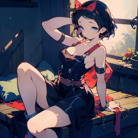 (masterpiece, best quality) ( 1girl, solo ) snow white, modern disney style, cartoon style, red bow, blue eyes, short black hair, sitting on a window sill with a black bra and cuffs, wrapped in leather straps, leather cuffs around wrists, shibari, restrain...