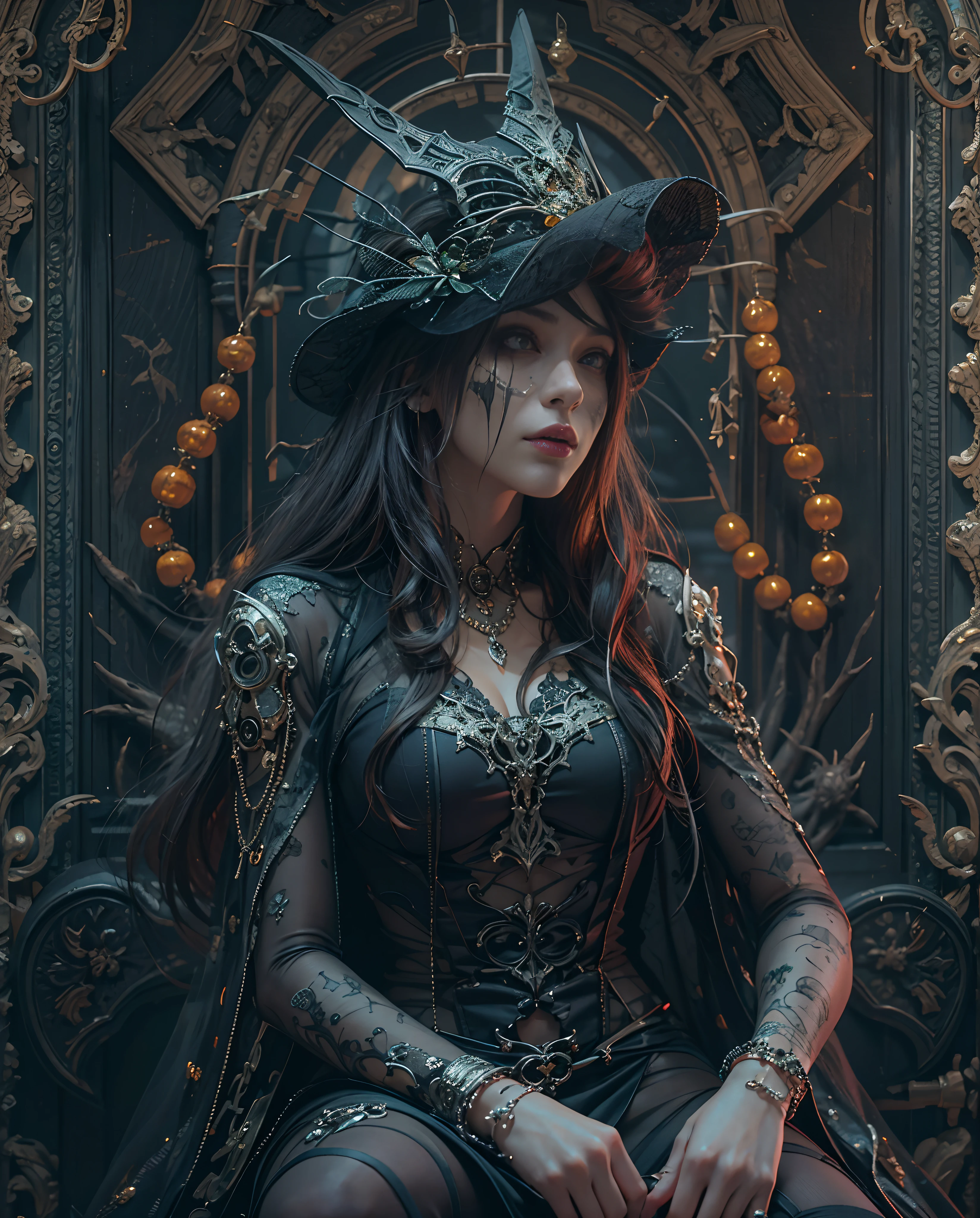 Gothic woman in black dress and hat sitting on ornate throne - SeaArt AI