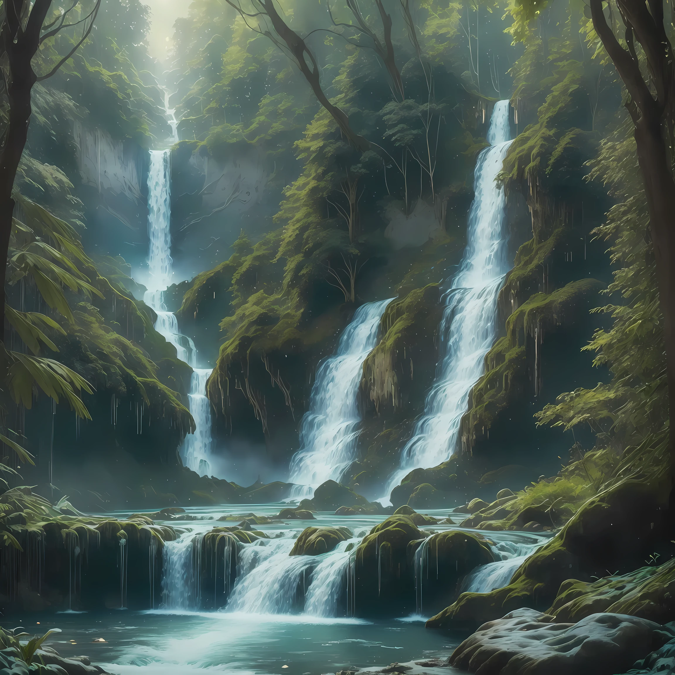 杰作, 32K, 团结 8k 壁纸, 极其详细, 超现实, 气泡, 杰作, 最好的质量,  精灵森林、梦幻森林、迷雾森林、(((充满魔力的神圣瀑布:1.5), 大瀑布、浓密的瀑布、类似尼亚加拉大瀑布的精灵森林瀑布、奇妙的氛围、  , (杰作,最好的质量:1.5), Liam Wong 的风格, 克里斯特科, 克林贡人, 刺绣, 餐桌,晴朗的天空,牙买加,地中海