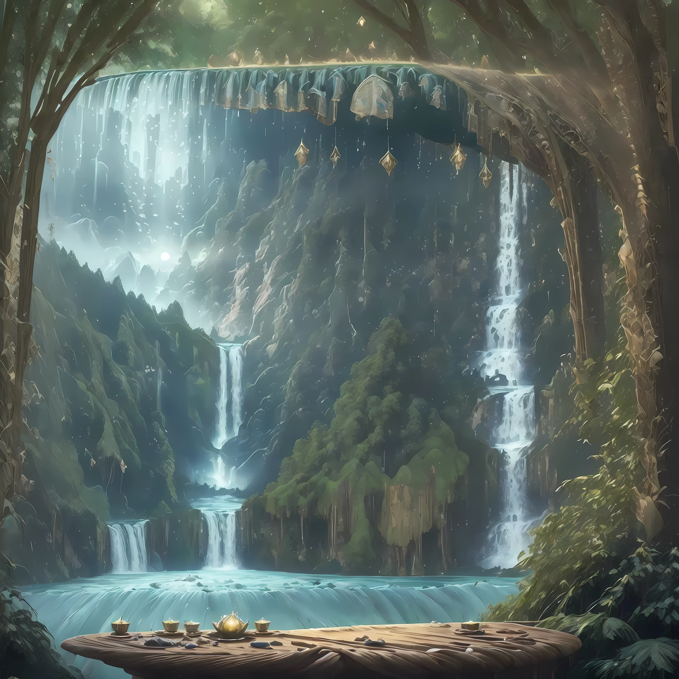 杰作, 32K, 团结 8k 壁纸, 极其详细, 超现实, 气泡, 杰作, 最好的质量,  精灵森林、梦幻森林、迷雾森林、(((充满魔力的神圣瀑布:1.5), 大瀑布、浓密的瀑布、类似尼亚加拉大瀑布的精灵森林瀑布、奇妙的氛围、  , (杰作,最好的质量:1.5), Liam Wong 的风格,克里斯特科 (🕌),🌿,🌳,🐚, 克林贡人, 刺绣, 餐桌,晴朗的天空,牙买加,地中海