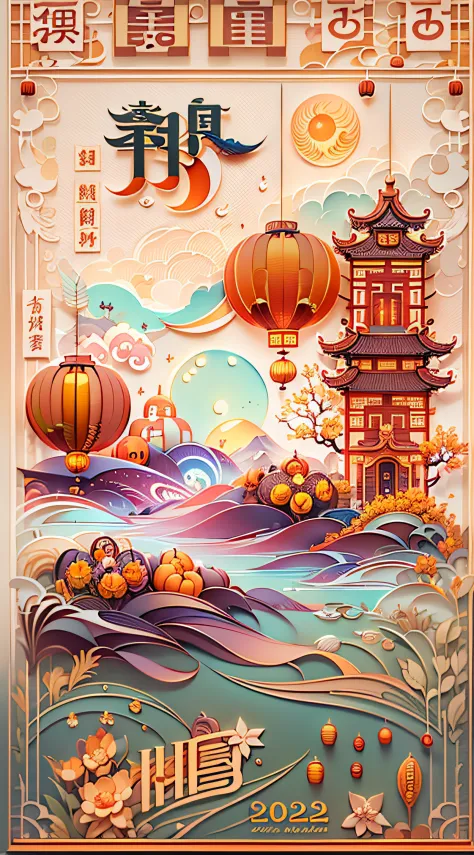 2023 Mid-Autumn Festival mobile phone poster，titles：Welcome National Day，He Zhongqiu，The design of the font should be artistic and modern，Add some representative artistic elements，Like the moon，Tiananmen，Red tones
