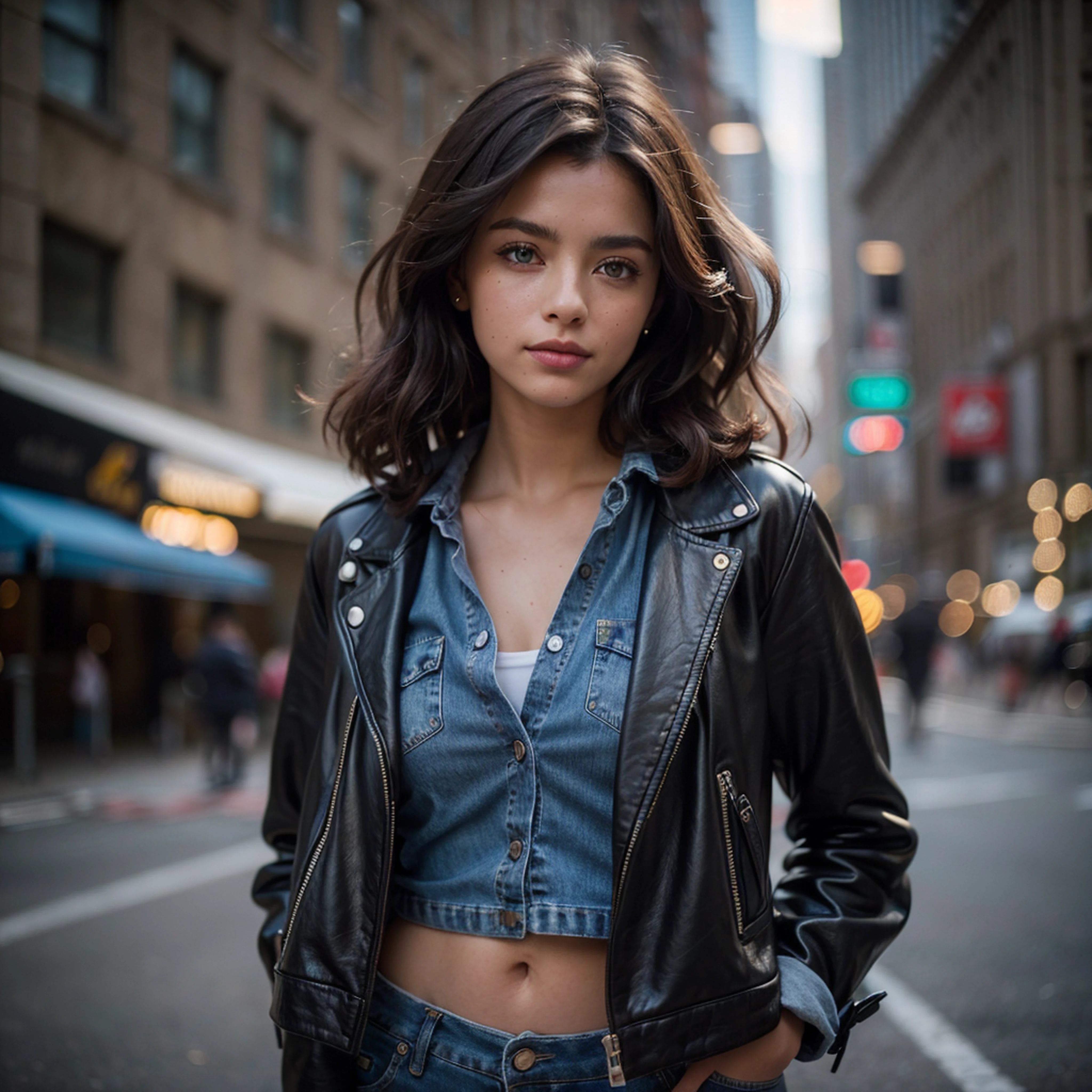 (photograph, 200mm lens, f/1.8), A close-up photograph of an adult woman standing in the city of New York, a blurred background, depth of field, voluminous curly brown hair pushed to one side, small chest, fully clothed, beautiful face, light makeup, looking at the viewer, she's wearing a jean jacket and a black top, (heterochromia:1.2)