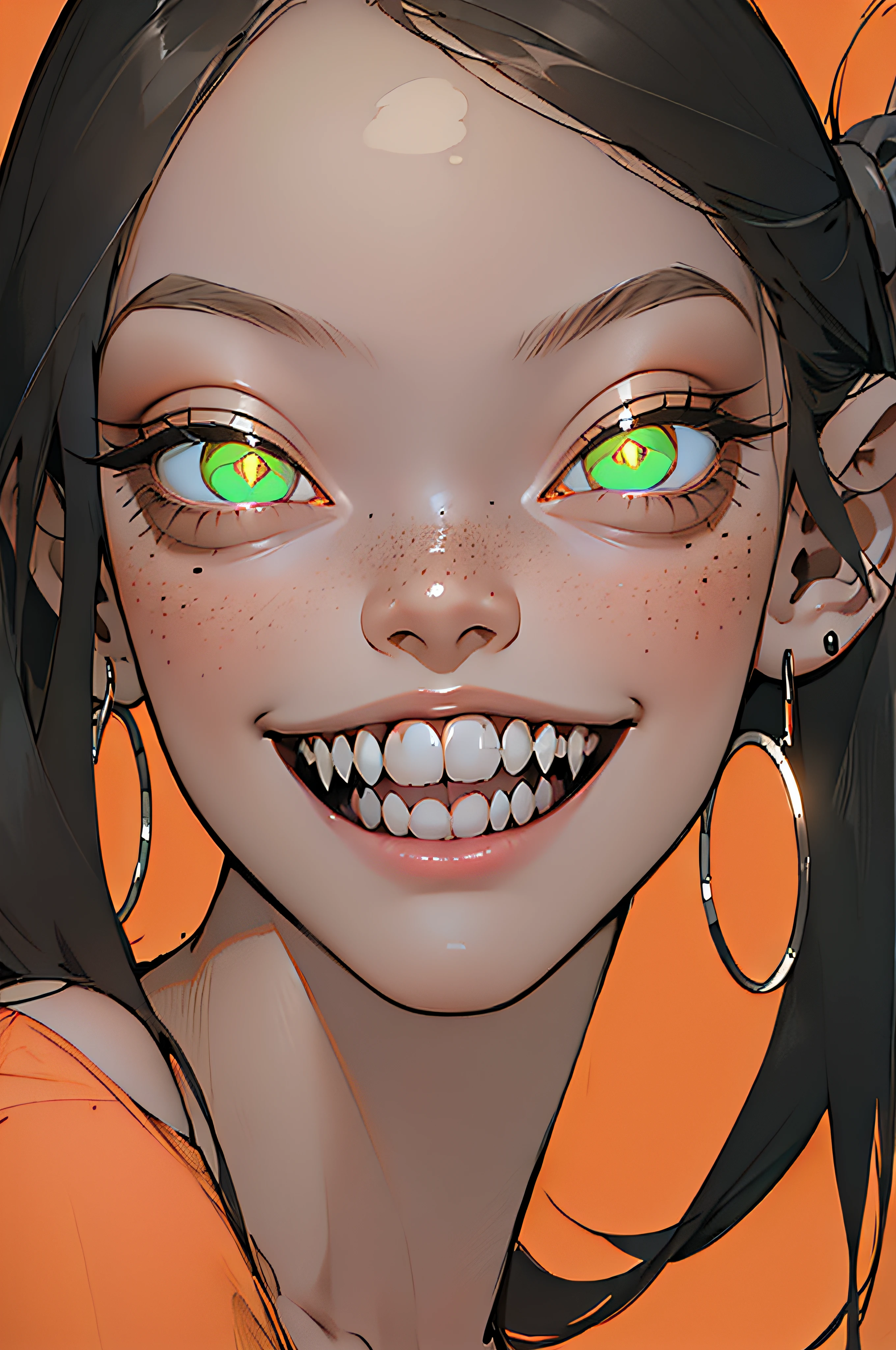 1girl, solo, looking at viewer, smile, open mouth, black hair, jewelry, green eyes, earrings, teeth, dark skin, dark-skinned female, symbol-shaped pupils, glowing, fangs, portrait, close-up, freckles, hoop earrings, orange background,1 gril,1 girl