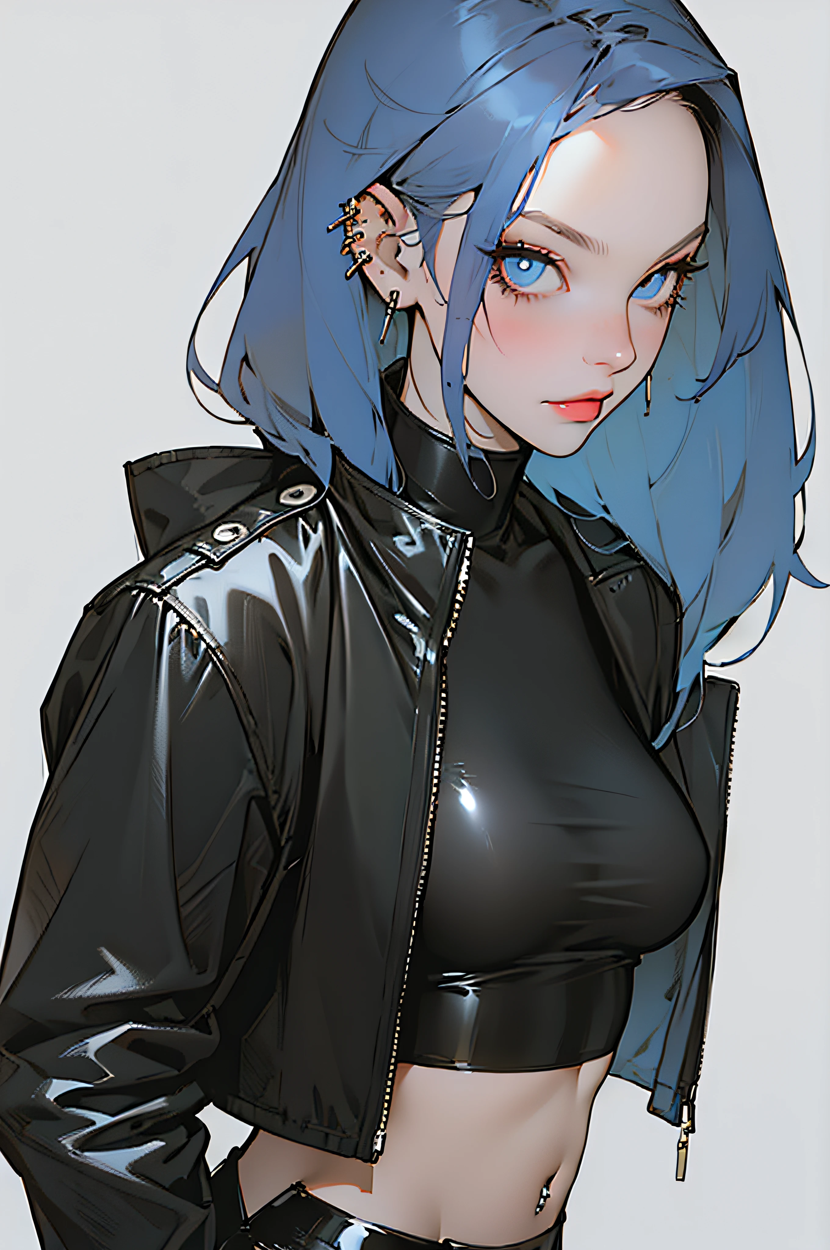 1girl, solo, breasts, looking at viewer, blue eyes, simple background, white background, jewelry, medium breasts, closed mouth, blue hair, jacket, upper body, earrings, open clothes, midriff, from side, open jacket, lips, black jacket, crop top, makeup, piercing, ear piercing, leather, leather jacket,stylemidjurney,1 gril,1 girl