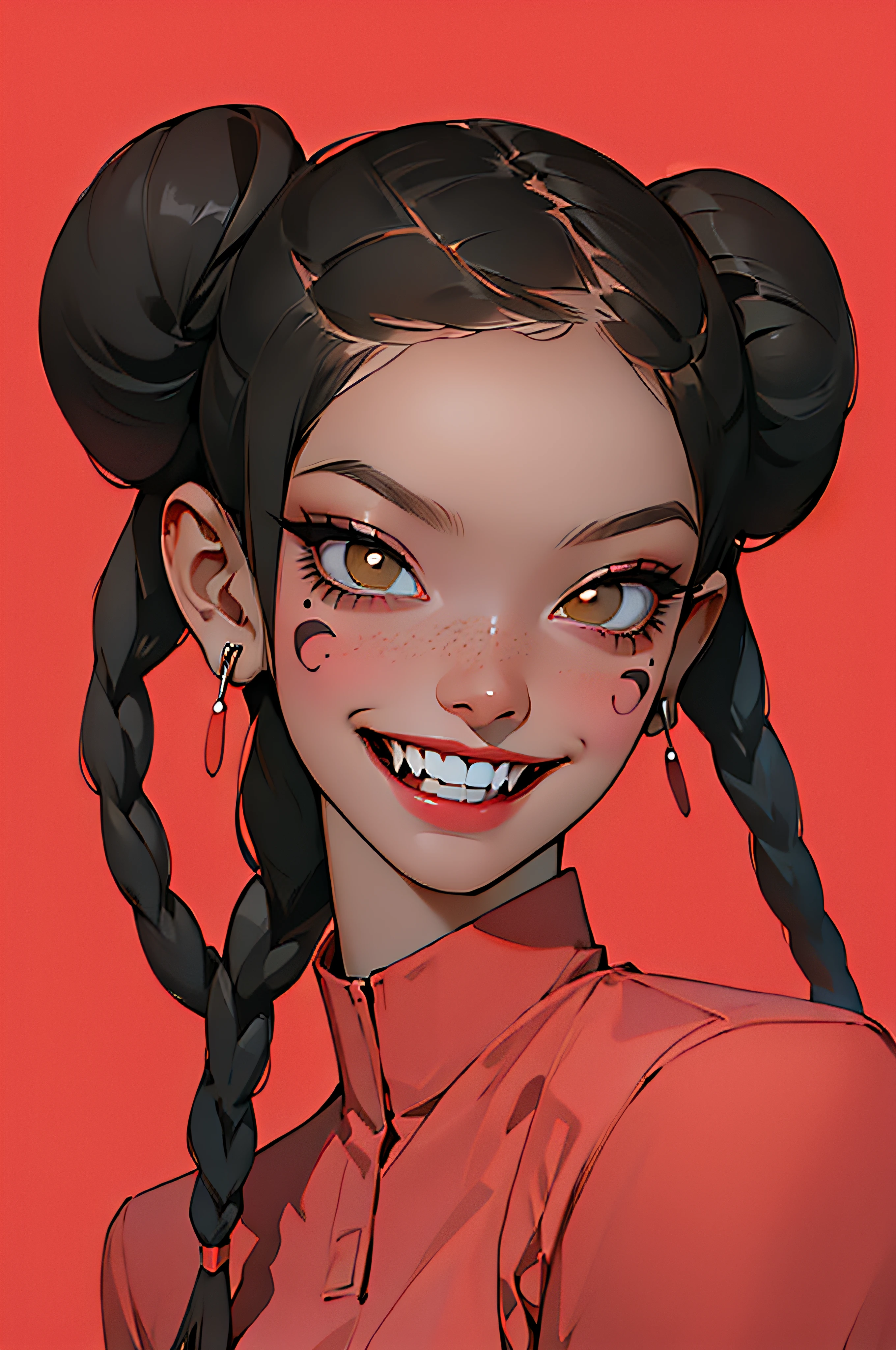 1girl, solo, smile, black hair, jewelry, braid, earrings, teeth, dark skin, hair bun, twin braids, dark-skinned female, double bun, makeup, fangs, facial mark, portrait, red background, hair behind ear, animification,stylemidjurney,1 gril,1 girl