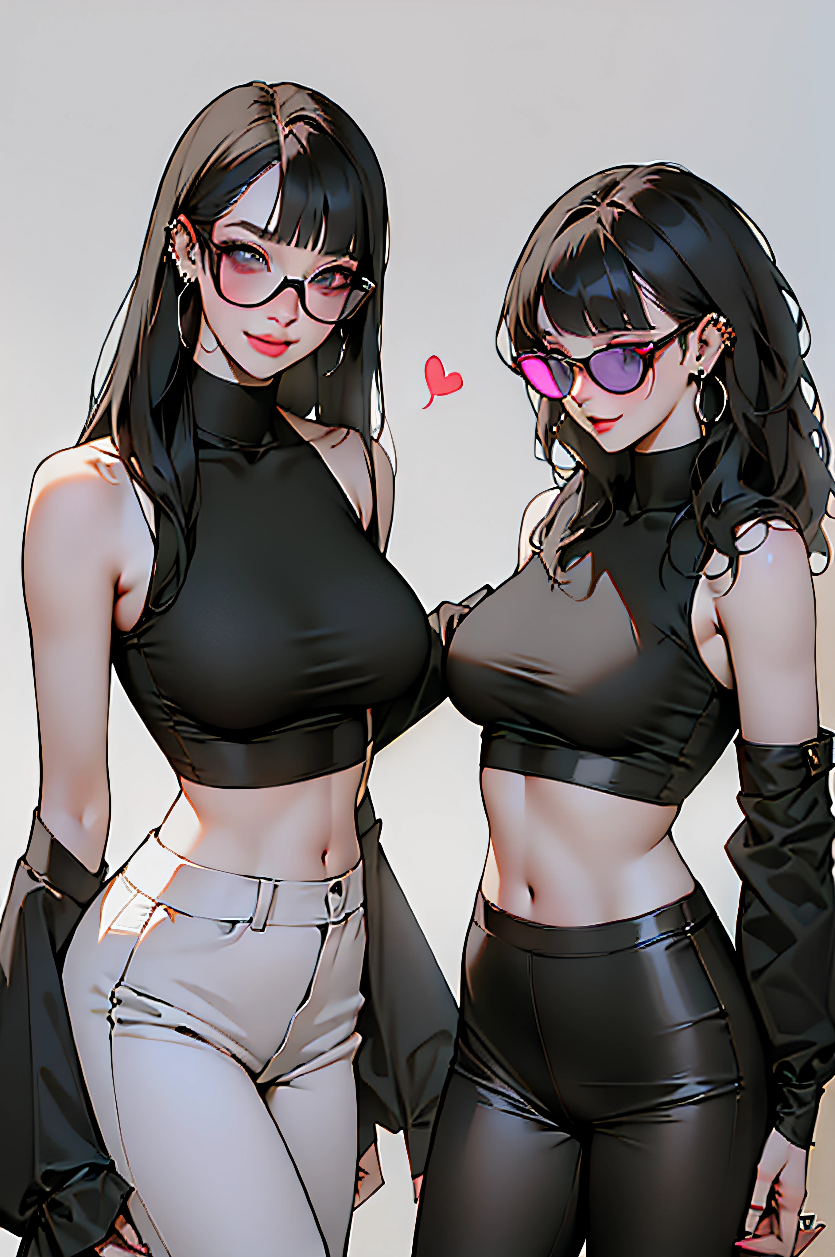 long hair, breasts, looking at viewer, smile, bangs, multiple girls, skirt, shirt, black hair, long sleeves, navel, bare shoulders, jewelry, closed mouth, heart, cowboy shot, earrings, one eye closed, glasses, sleeveless, midriff, pants, hand up, 3girls, blunt bangs, black skirt, necklace, crop top, see-through, black shirt, piercing, sunglasses, ring, round eyewear, tinted eyewear, heart-shaped eyewear, looking over eyewear, pink-tinted eyewear, purple-tinted eyewear,stylemidjurney,1 gril,1 girl