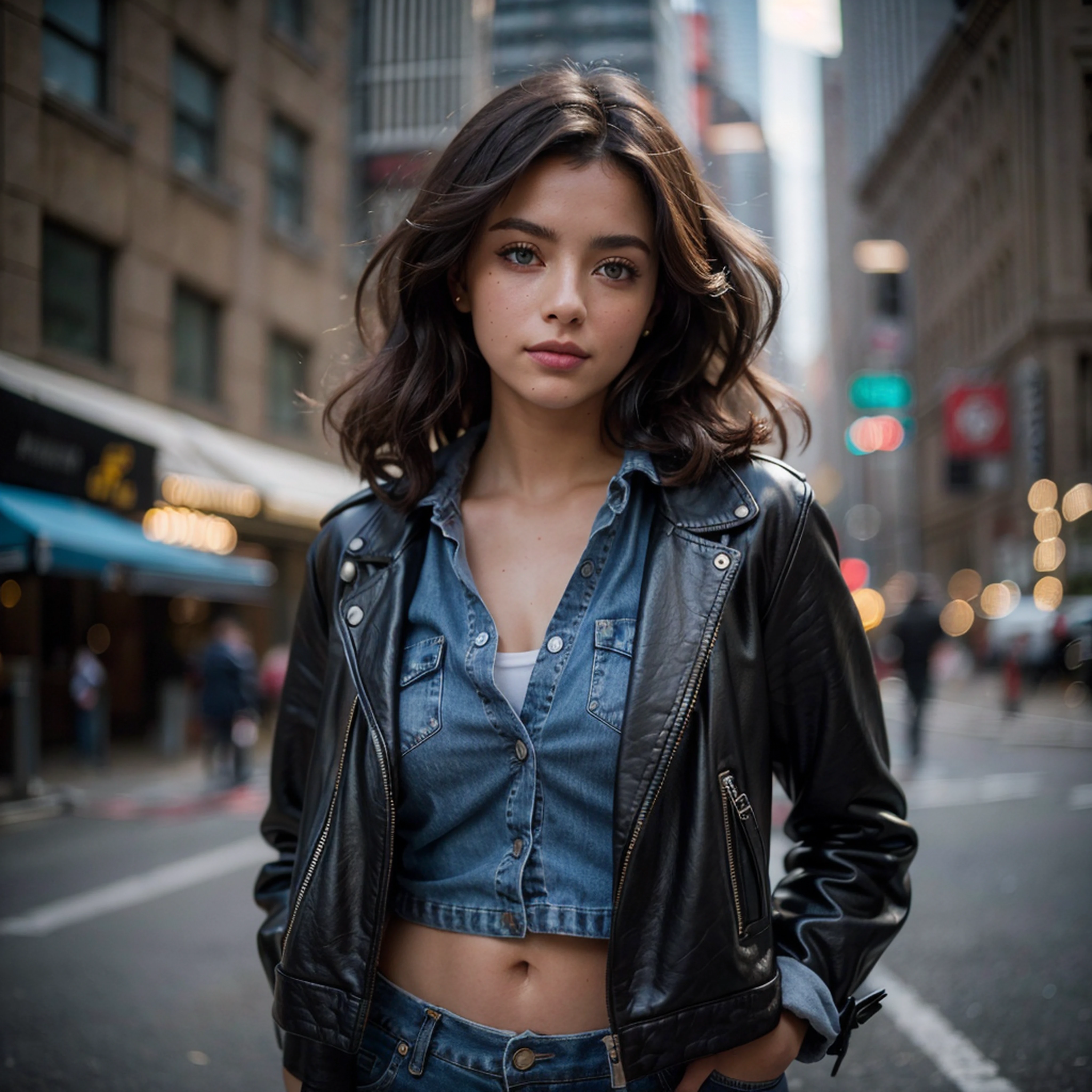 (photograph, 200mm lens, f/1.8), A close-up photograph of an adult woman standing in the city of New York, a blurred background, depth of field, voluminous curly brown hair pushed to one side, small chest, fully clothed, beautiful face, light makeup, looking at the viewer, she's wearing a jean jacket and a black top, (heterochromia:1.2)