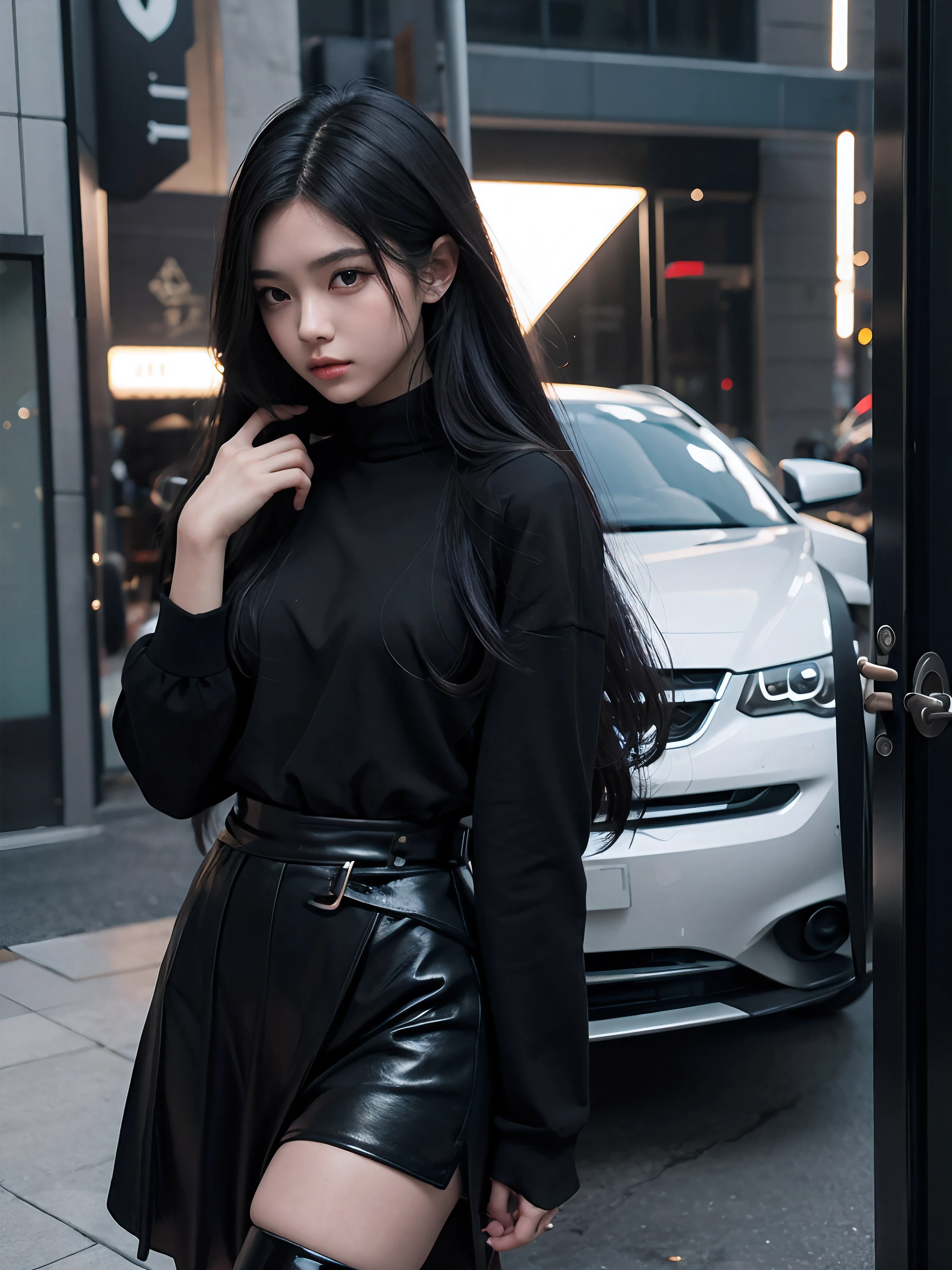 Araffe asian woman in black leather skirt and thigh high boots - SeaArt AI