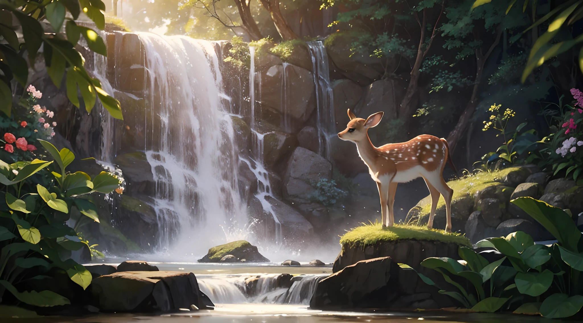 A peaceful scene of a young fawn gracefully drinking water near a mystical waterfall. The fawn's gentle presence exudes innocence and tranquility, surrounded by vibrant flora and sparkling water. The atmosphere is imbued with a touch of magic, evoking a sense of wonder and harmony with nature. Best quality, intricate details, clean lines, eye-catching composition, soft tones, anime realism, perfect illustration