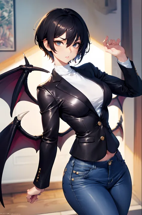 masterpiece, high quality,1girl,solo,middle breast , short hair, (hair between eyes),(00BFFE pixie cut), Bat wings, Disappointed face,(Embroidered sweater, Cropped flare jeans, Leather blazer)