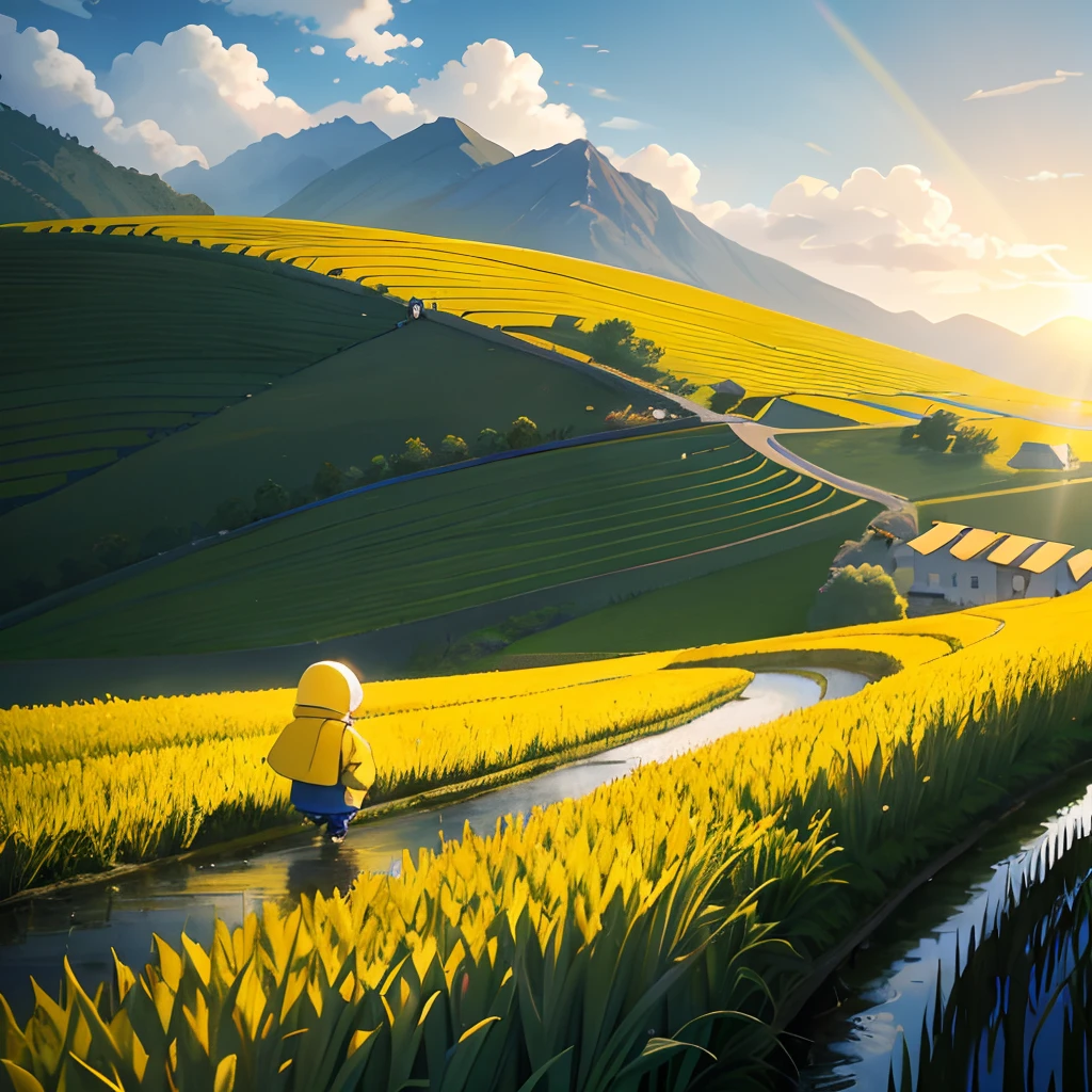 黄色いコートを着た小さな男の子が田んぼを散歩している，彼は小川に沿って歩いていた，遠くの小さな丘，夕日，小さな家， コミックストリップ, 黄色の背景, ステッカー，8k