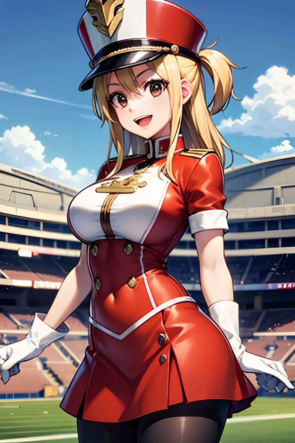 Master masterpiece, top-quality, High Definition, , Lucy Heartphilia, blonde  hair, length hair, large full breasts, Smile with open mouth, Solo、cowboy  shot, (Stadium:1.3)、stadio, Marching Band、band uniform, White Gloves, Mini Shako Cap, stage,