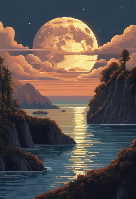 Pixel art of giant moon rising over calm sea, beautiful detailed pixel art, detailed pixel art, Lo-fidel retro video games, Concept Pixel Art, detailed pixel artwork, Pixel art style, pixel town, Pixel Art Animation, High-quality pixel art, Dolphins jump off the surface of the sea, super detailed color lowpoly art, #pixel art:3, # pixel art, #pixel art