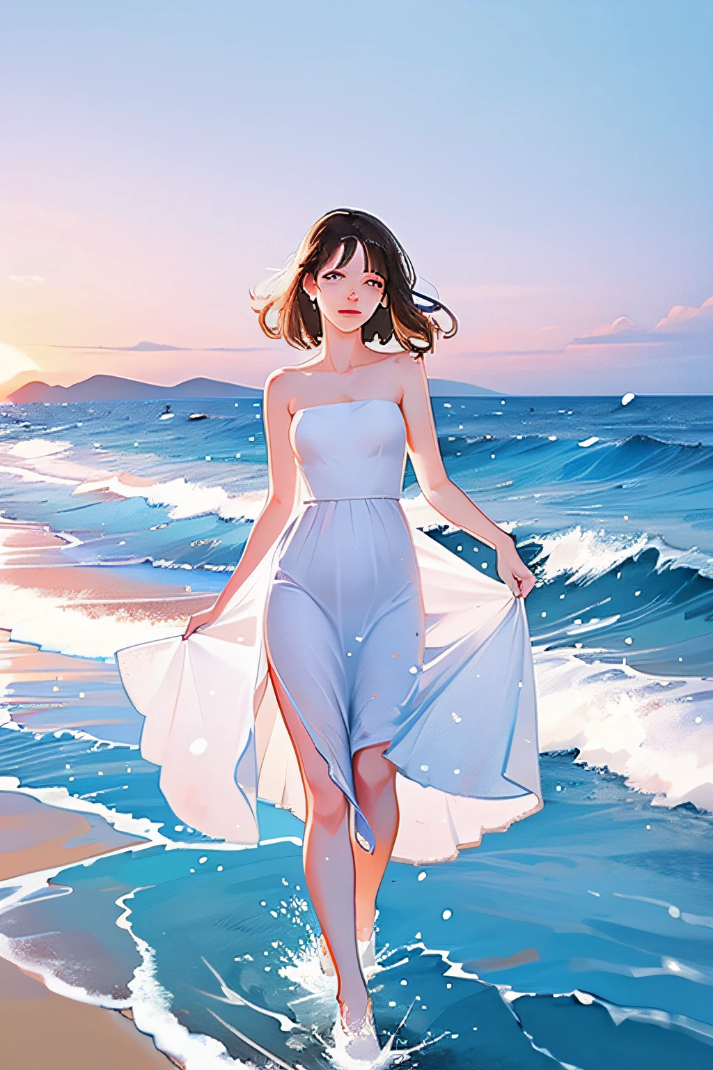 女孩，穿着白色连衣裙，海边漫步，海浪飞溅