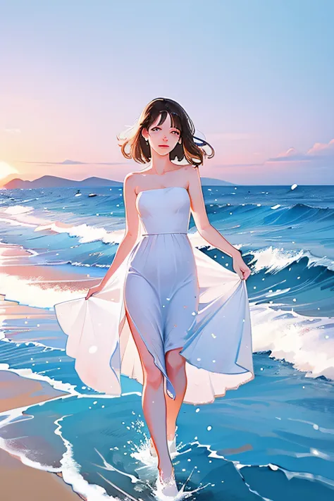 girl，wears a white dress，Walk by the sea，The waves splash