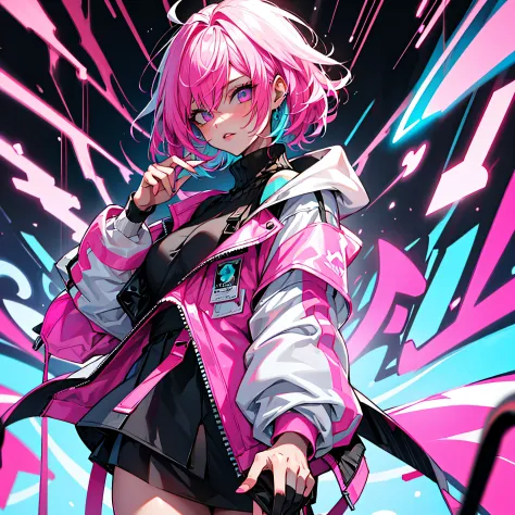 girl, white pink hair, cool black open short jacket labeled "CruciA", tatoos, messy fade cut hair, crazy, stand pose, on futuris...