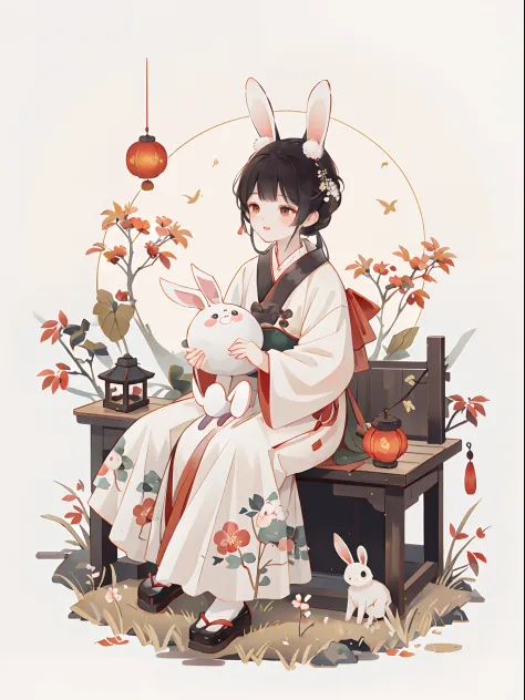 （a rabbit：1.4）, sat on the ground, looking up, mid-autumn festival atmosphere, traditional chinese illustration style, digital a...