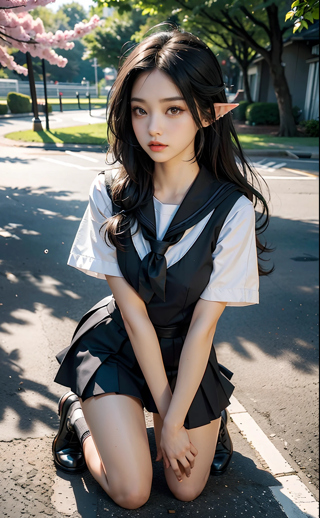 (Japanese-style school，the cherry trees：1 Elf beauty，Kneeling pose，a sailor suit），A masterpiece of normal posture， best qualtiy， RAW photogr，realisticlying， Incredibly Ridiculous res，(Elf long ears)， ear studs，hair pin， (Long flowing silver-black hair：1.9)，eye shadows，(a sailor suit)，eardrop，short  skirt，(Black sport socks)（Black half-knee socks)，(Loafer shoes)，depth of fields， A high resolution， ultra - detailed， filigree， RAWE is very detailed， very detailed eyes and faces， Sharp pupils， realistic pupil， tack sharp focus， cinmatic lighting，full bodyesbian，Bigboobs，long leges，From the front side，dynamicposes，Normal posture，closeup of face