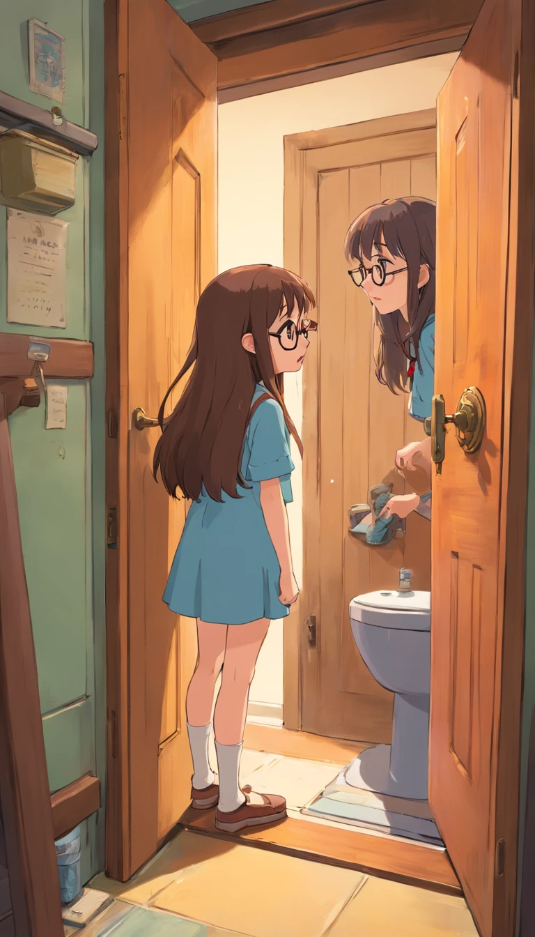 Anime girl looking at a toilet in a bathroom with a man standing next to  her - SeaArt AI