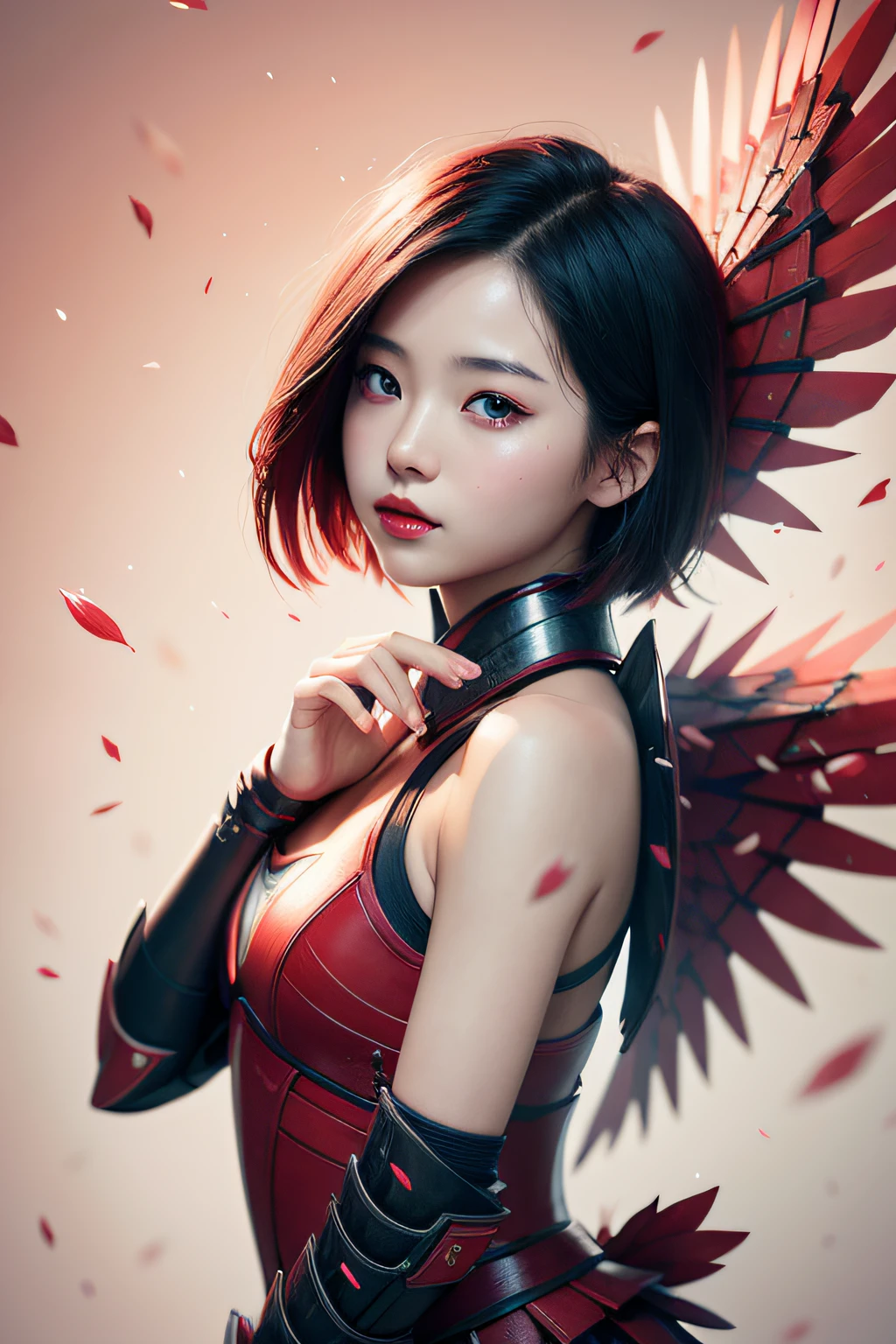 beautiful japanese young woman, wearing ninja armor, thick symmetrical features, very short hair, background is cherry blossoms, pink aura, red lips, octane render,