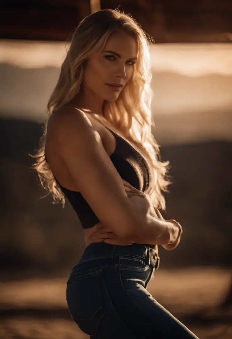 A woman with long blonde hair and a black top posing for a picture - SeaArt  AI