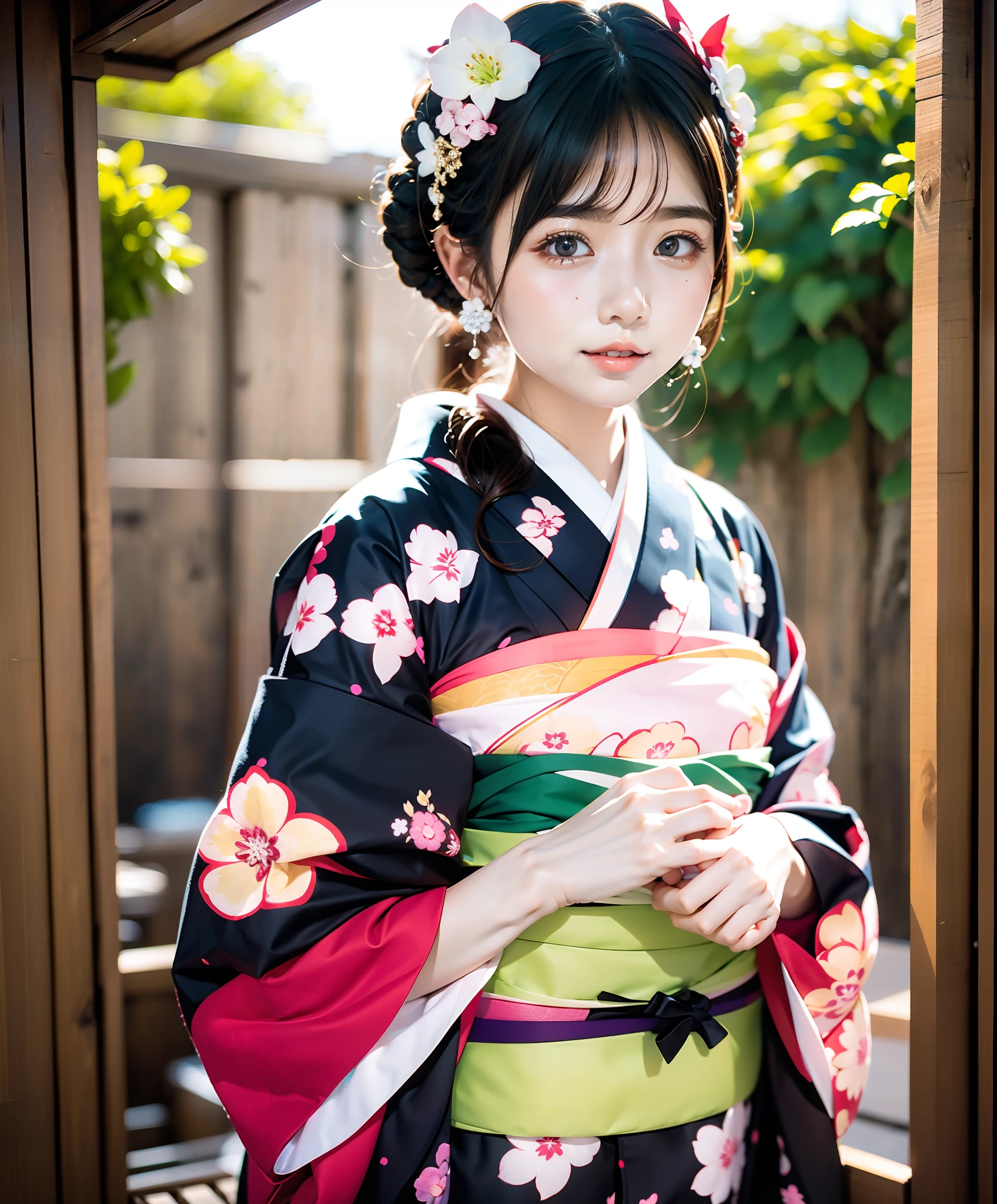Obra de arte, realista, Mulher quimono do Japão com unaju, 18 anos de idade, quimono estampado de hortênsia, enfeite de cabelo em formato de hortênsia
