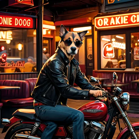 Create an image of a dog wearing a leather jacket and sunglasses, sitting on a motorcycle in front of a diner. The dog has a sad...
