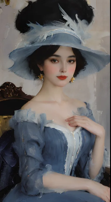 painting of a woman in a blue dress and hat with feathers, art of edouard bisson, elegant digital painting, ( ( konstantin razum...