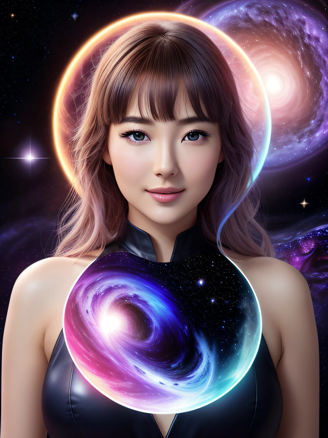 1fille, futurisme, hyperrealism, Verism,(Masterpiece Portrait Beautiful Girl Galaxy Goddess)、glowy skin、cheveux brillants flottants en apesanteur、visage propre、A detailed face、PLAN COMPLET DU CORPS、proportions parfaites、Fairly curved、sourire、yeux radieux、planant、Seizing the universe、etheric、hallucination、Jambes puissantes、creation、premier quality、2050、8k、nffsw、lut、accretion disk、nebulas、supernova、Monde bleu、