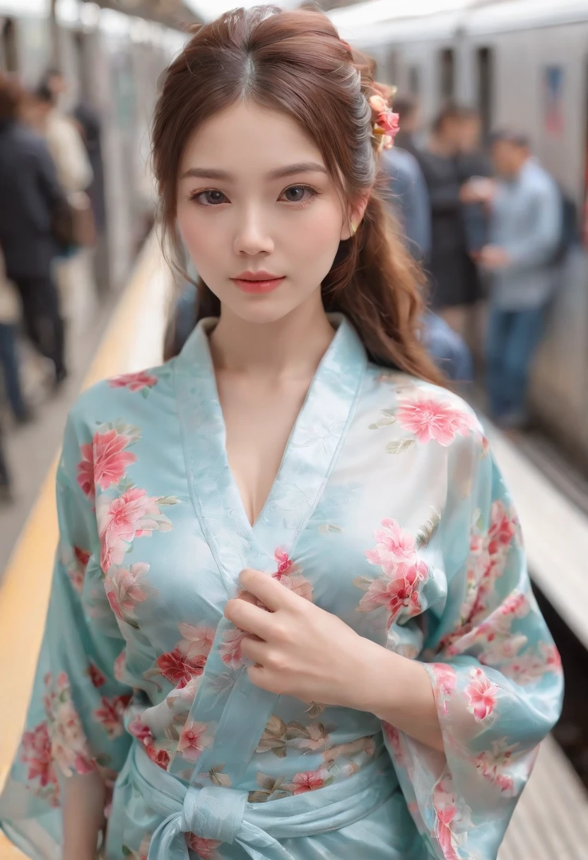 A close up of a woman in a robe standing near a train - SeaArt AI