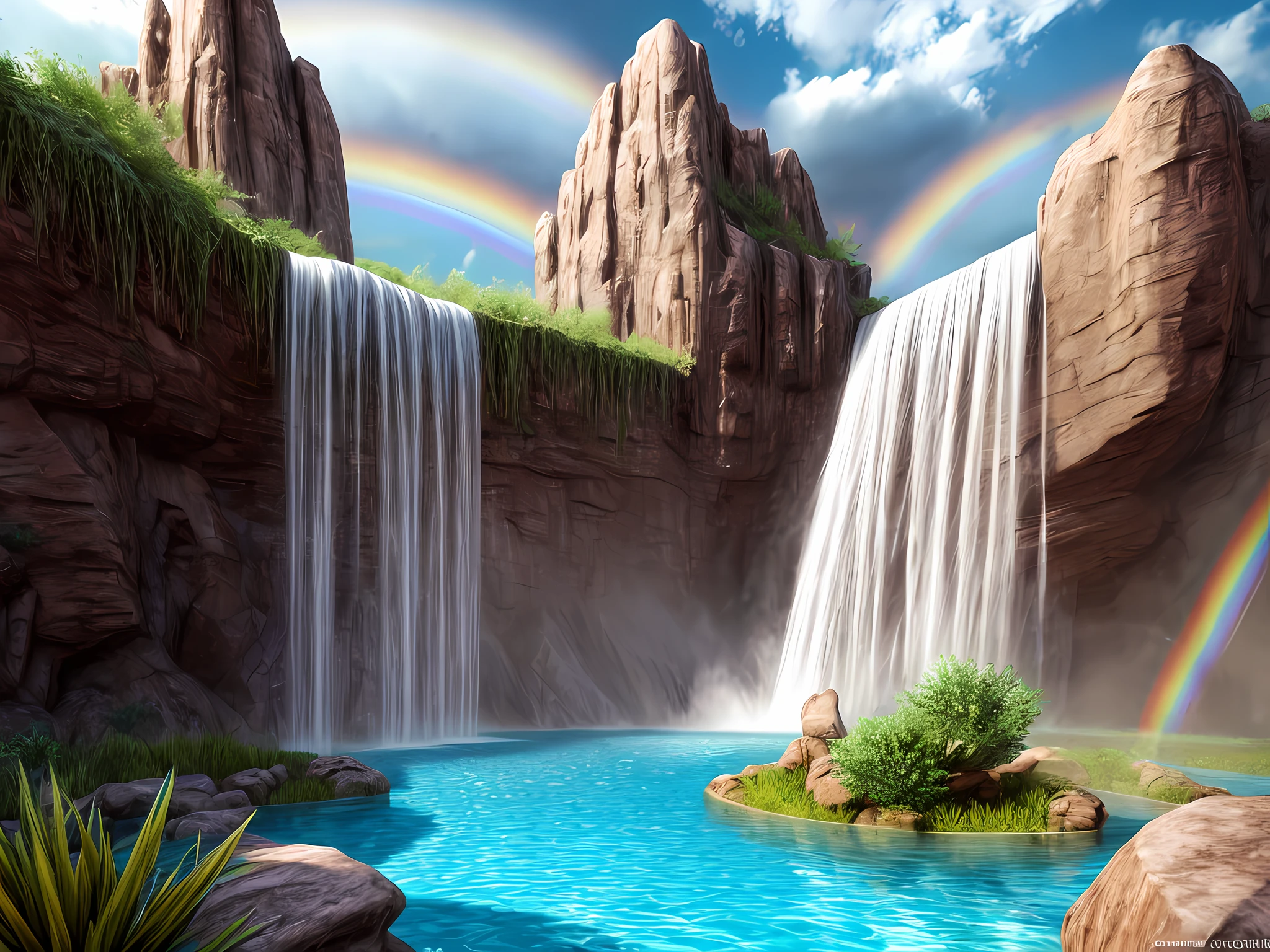 fantasy art, RPG art, an picture of an epic sized waterfall in the desert at midday , an (epic sized waterfall: 1.3), water coming down from a desert cliff, water cascading into a large pool that reflects the sun an the skies, (a rainbow: 1.2) being formed in the water from, the breaking of the sunlight in the water, you can see the water hitting the pool, drops of water splashing around, photorealistic, 16k, RAW, award winning, (best detailed: 1.5), masterpiece, best quality, (best detailed: 1.3), full body, ultra wide shot,